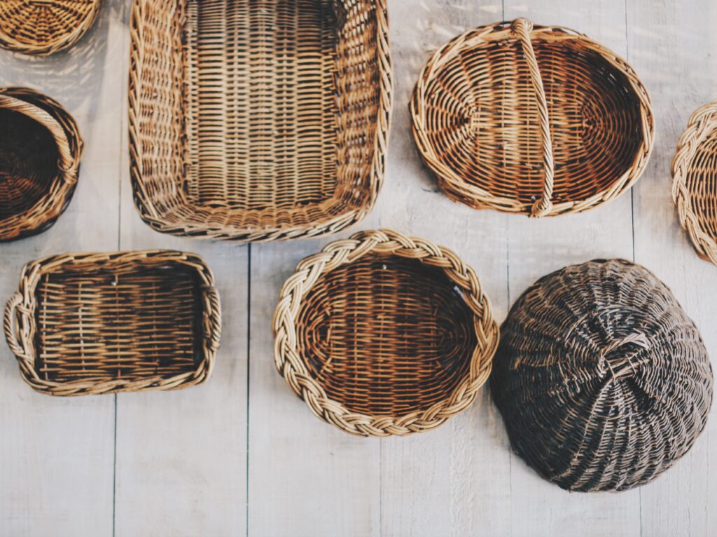 A well-used woven basket ready for repair