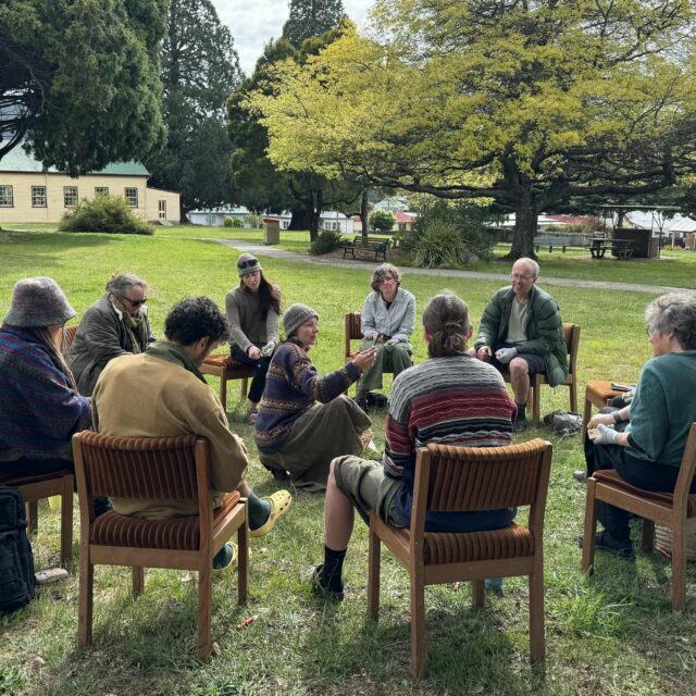 A relaxed Forest Folk workshop gathered in a circle beneath a tree
