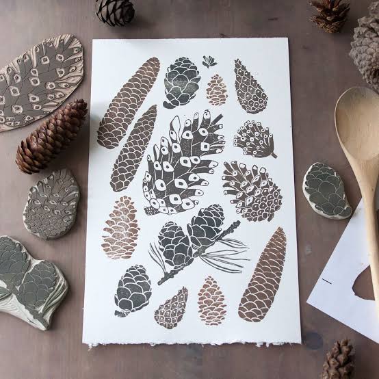 Hand-carved lino blocks and botanical prints from a Forest Folk workshop